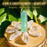 8-delad grön fluorit + kvarts set