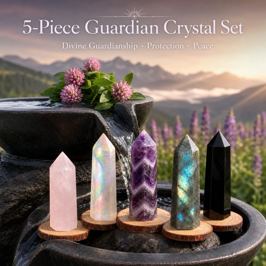 Rose quartz, angel aura, dream amethyst, labradorite and obsidian points standing in a row on wooden rounds beside a stone fountain, mountains behind