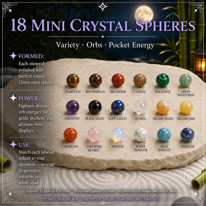 Eighteen labelled mini crystal spheres arranged in three rows on a sandstone slab