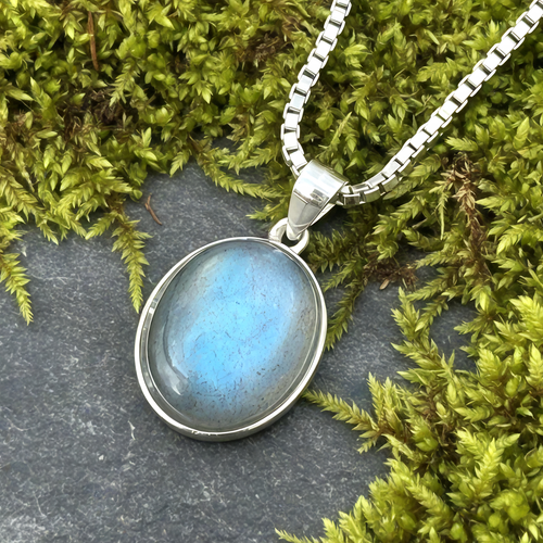 Rainbow Moonstone Halo Pendant in Silver