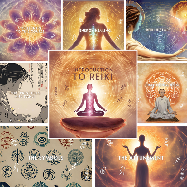 Module collage titled Introduction to Reiki, with tiles on energy healing, Reiki history, the symbols and the attunement