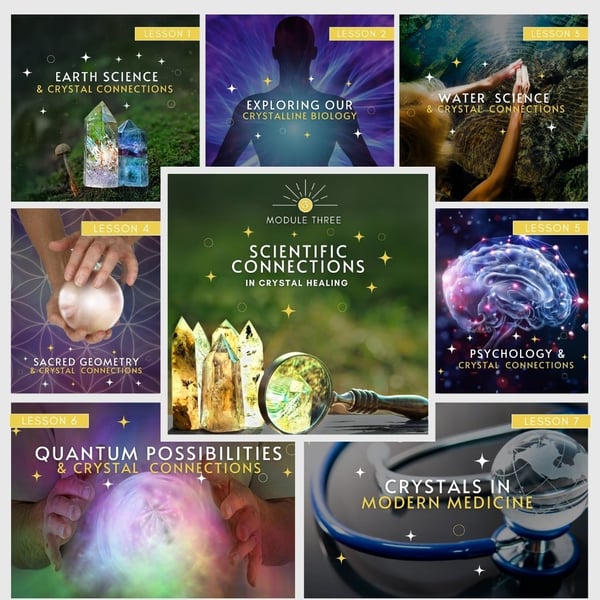 Module 3 lesson collage: earth science, crystalline biology, water science, sacred geometry, psychology, quantum and modern medicine tiles