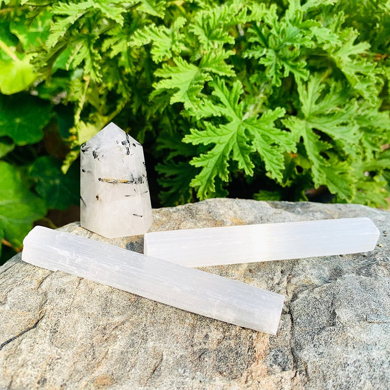 WORKING ON NEW Tourmalinated Quartz + Selenite Cleansing Set - rawstone