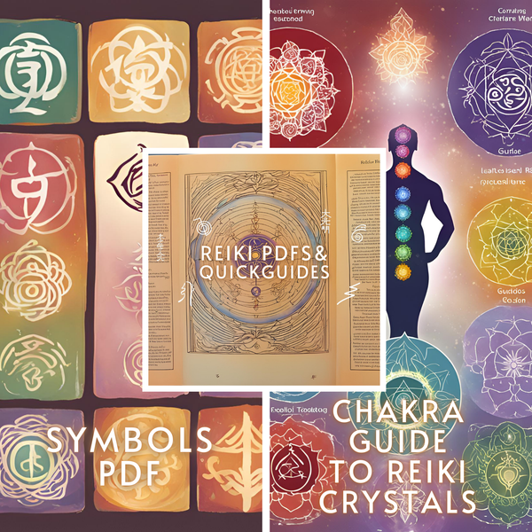 Module collage titled Reiki PDFs and Quickguides, with the symbols PDF and the chakra guide to Reiki crystals