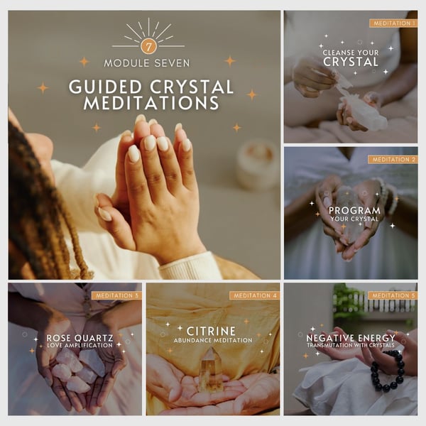 Module 7 collage: hands in prayer and hands holding crystals for each guided meditation