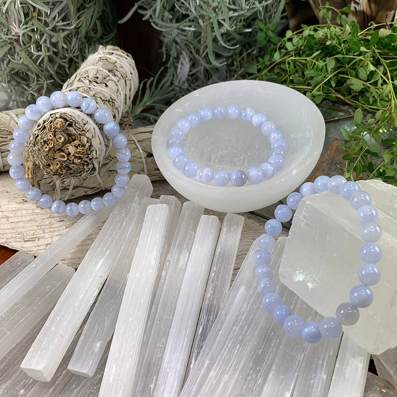 Mala Blue Lace Agate Bracelet With Velvet Pouch