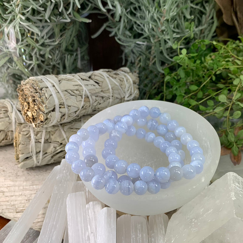 Mala Blue Lace Agate Bracelet With Velvet Pouch