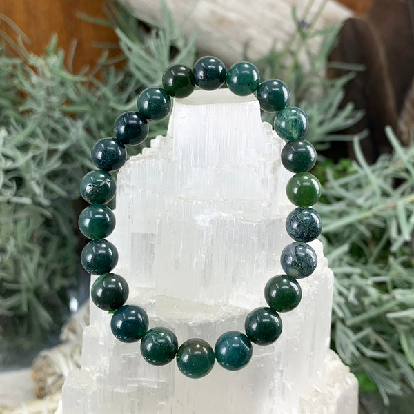 Mala Moss Agate Bracelet With Velvet Pouch