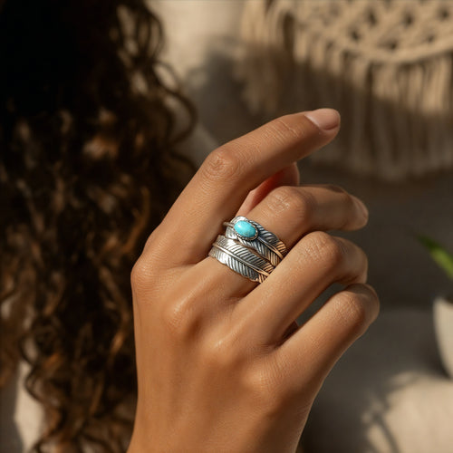 Blue Howlite & Silver Feather Ring
