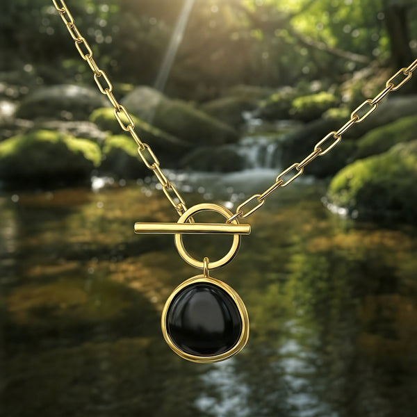Black Onyx & Gold Lunar Lock Necklace