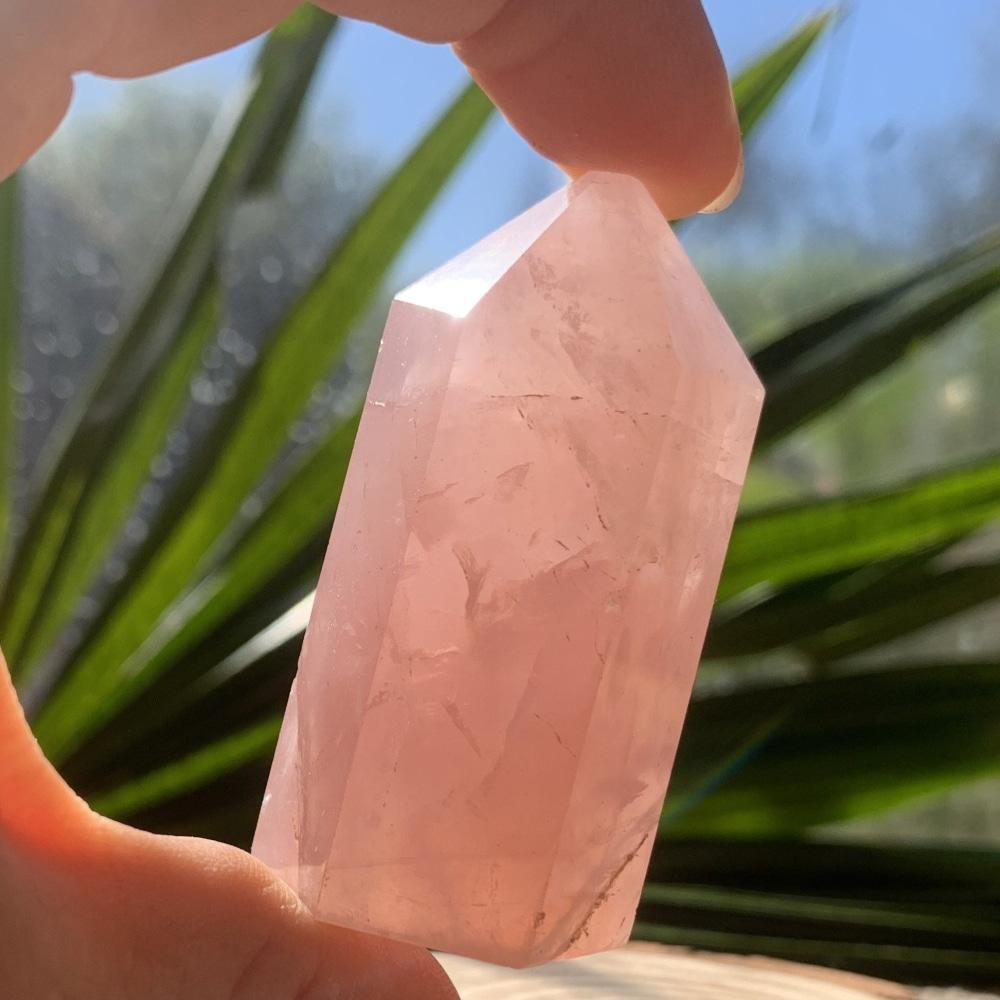 Short, thick rose quartz generator held between two fingers against sunlit palm leaves, glowing soft pink