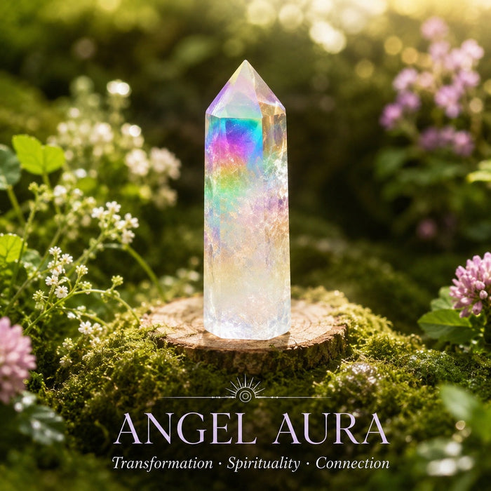 Clear angel aura point shimmering with rainbow color on a wooden round among flowers