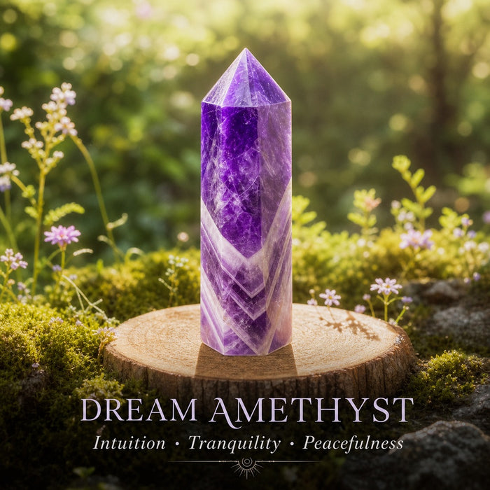 Dream amethyst point with violet and white chevron bands on a wooden round