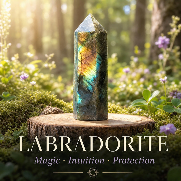 Labradorite point flashing gold and blue on a wooden round in a sunlit forest