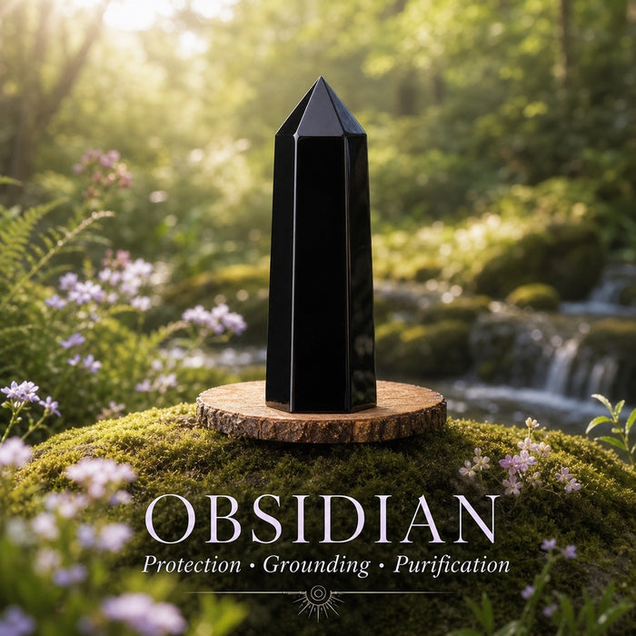 Glossy black obsidian point standing on a wooden round in a mossy forest