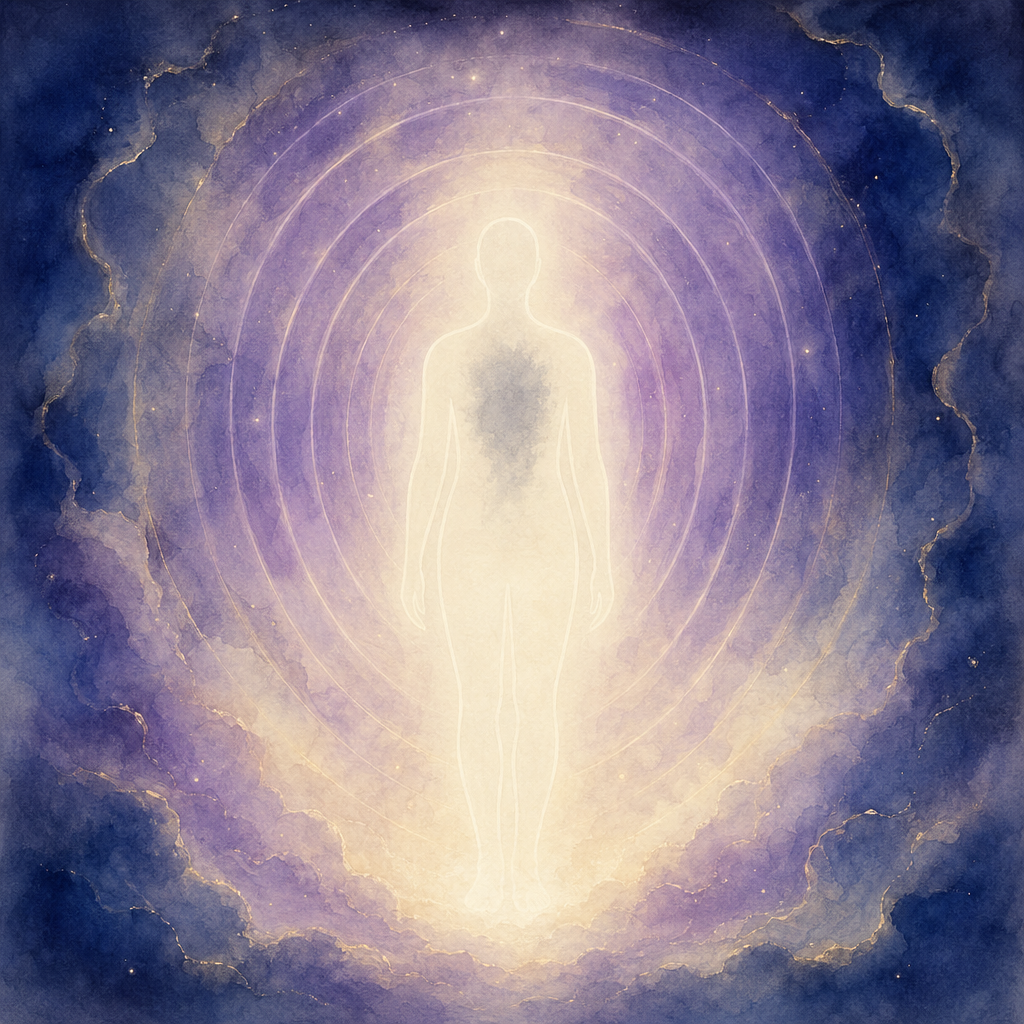 A faint dim grey patch of stuck energy lingering over a person's chest &mdash; protection alone isn't lifting it.