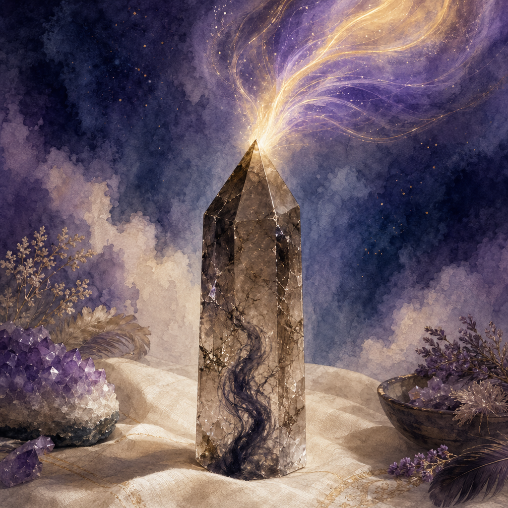 A translucent smoky quartz point with a dark wisp entering its base and emerging from its tip as a clean luminous gold-and-violet stream.