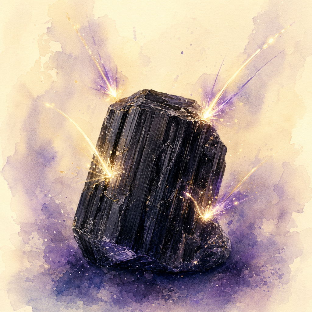 A rough black tourmaline chunk with violet and gold sparks bouncing harmlessly off its surface.