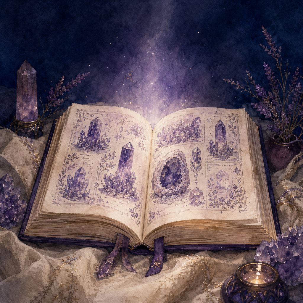 The Total Dark Energy Protection field guide displayed on a tablet with violet watercolor illustrations.