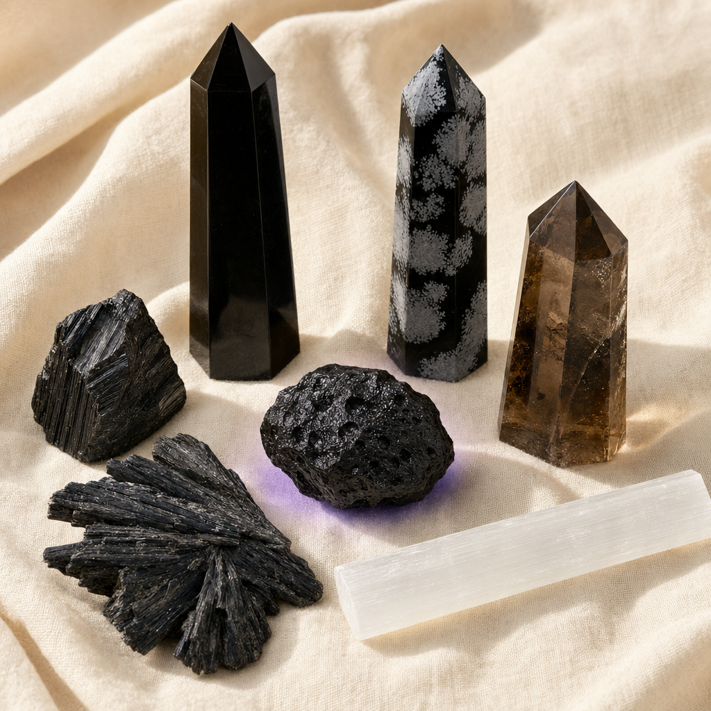 The Total Dark Energy Protection crystal kit on cream linen with 1 Tektite as the centerpiece, surrounded by Black Obsidian, Black Tourmaline, Snowflake Obsidian, Black Kyanite, Smoky Quartz and Selenite.