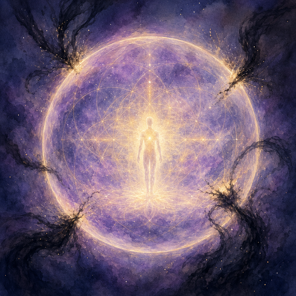 A luminous violet-and-gold protective sphere of light surrounding a small standing figure.