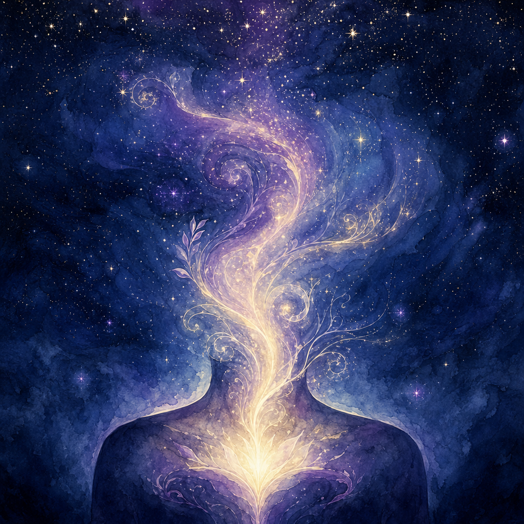 Violet and gold breath spirals rising upward into a starfield of high-frequency light.