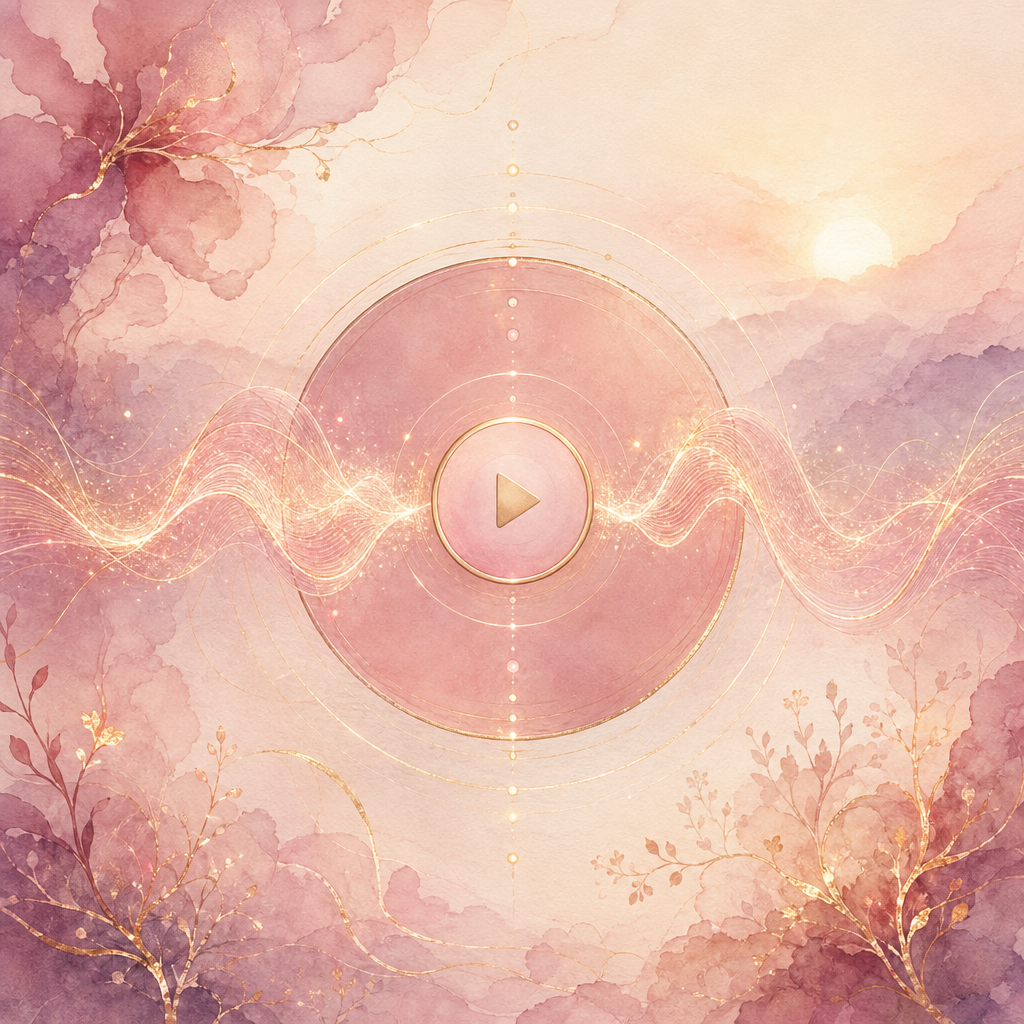 Headphones beside a phone glowing with a soft rose-and-gold audio waveform on warm cream linen.