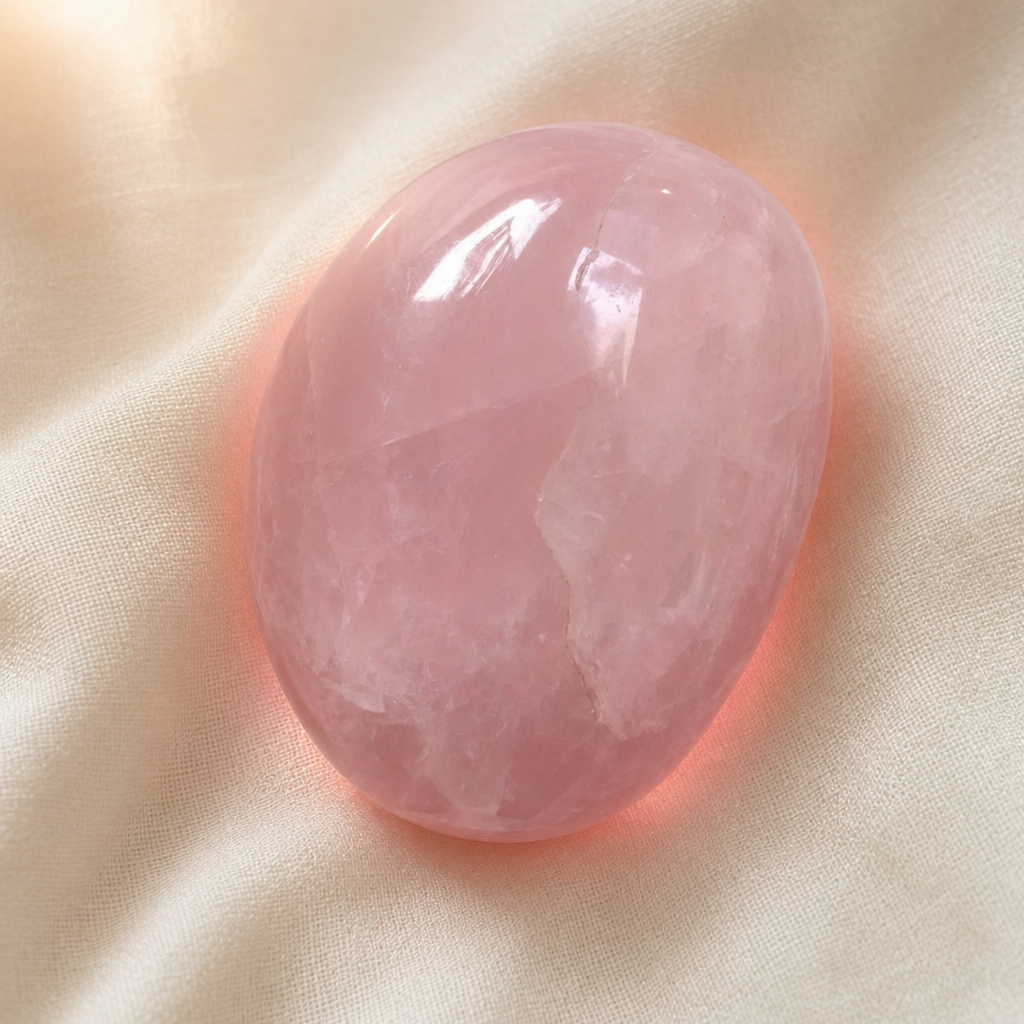 A pale-pink Rose Quartz palmstone specimen on cream linen.