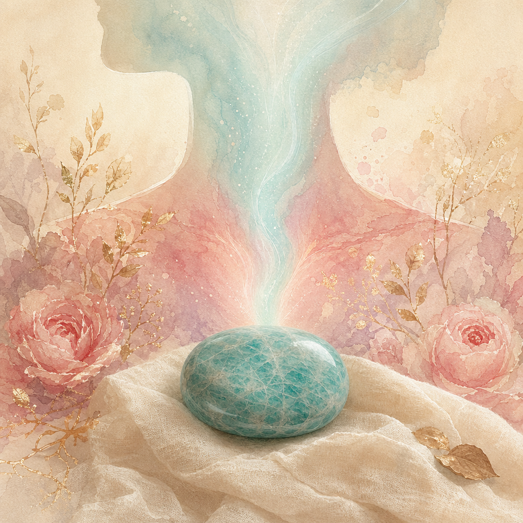 A polished blue-green amazonite palmstone on warm cream linen, soft rose-gold light haloing its edges &mdash; the frequency of loving honest speech.