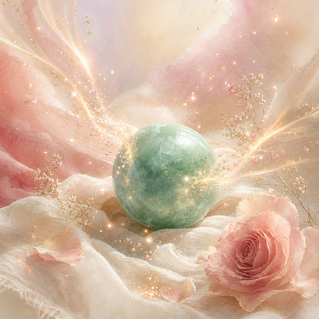 A translucent pink tourmaline crystal on warm cream linen, soft rose-gold light flowing both toward and away from it &mdash; the frequency of reciprocal love.