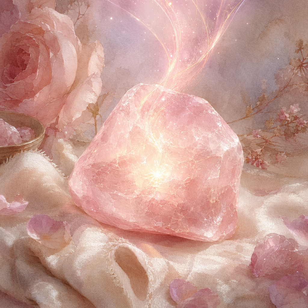 A glowing Rose Quartz crystal radiating warm pink heart-chakra light.