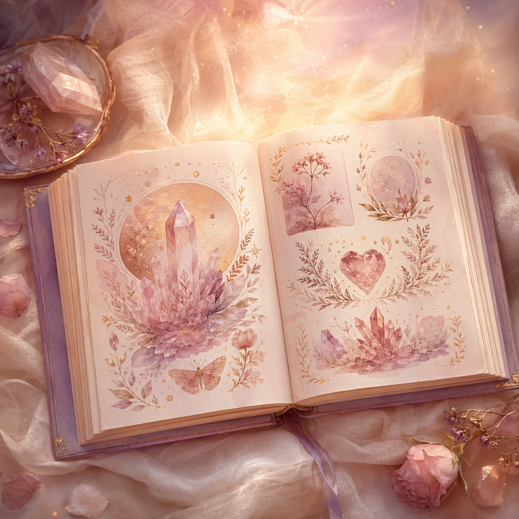 The Total Love Summoning field guide displayed on a tablet with soft rose and cream watercolor illustrations.