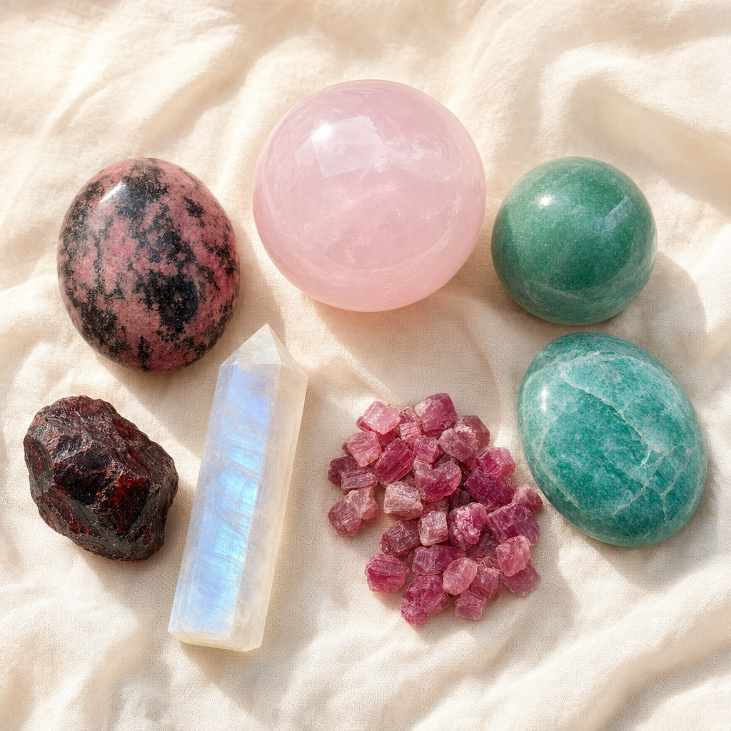 Top-down flat-lay of the seven Love Summoning crystals arranged in a gentle arc on warm cream linen &mdash; Rose Quartz centerpiece with Rhodonite, Green Aventurine, Pink Tourmaline, Blue Moonstone, Red Garnet, and Amazonite around it.