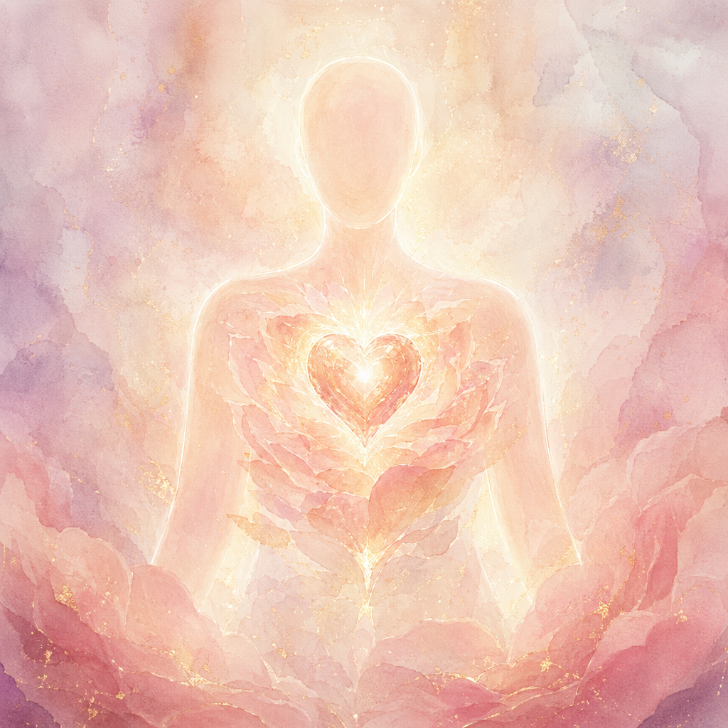 A warm rose-gold silhouette radiating from the heart chakra, seated in gentle morning light.