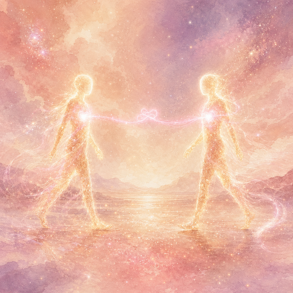 A warm rose-gold halo of love energy drifting toward a softly glowing human silhouette, the figure opening to receive.