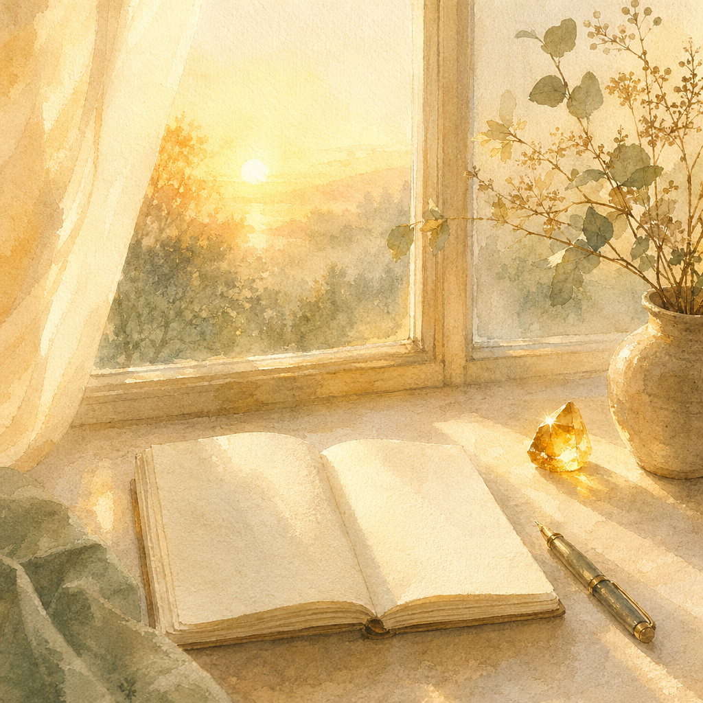 A glowing dawn over an empty journal with a small citrine catching the early light.