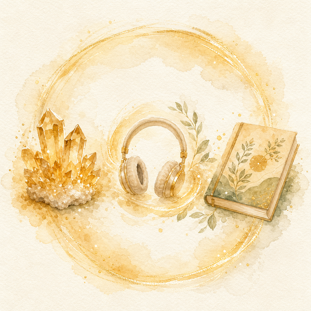 Citrine crystals, headphones, and an open book connected in a soft golden circle &mdash; the three-part Money Magnet Mindset ritual.