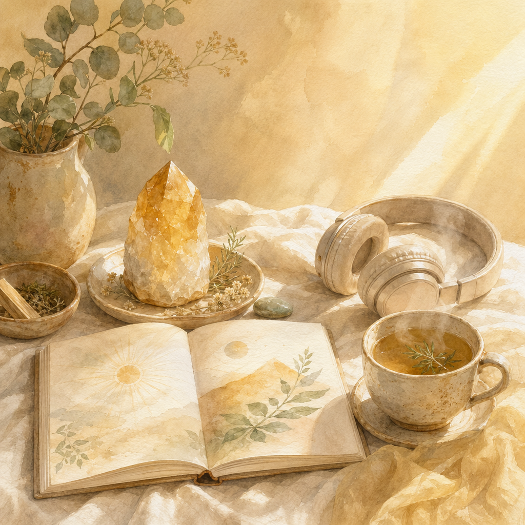 A full morning ritual connects three cues &mdash; citrine in hand, abundance audio, and a companion book &mdash; around a calm receiving figure.