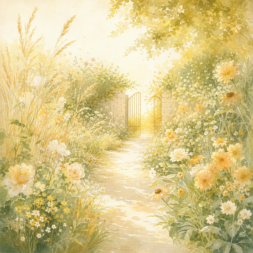 A dreamlike garden path winding through gold-tipped grasses and abundant flowers, an open gate with warm light spilling through.