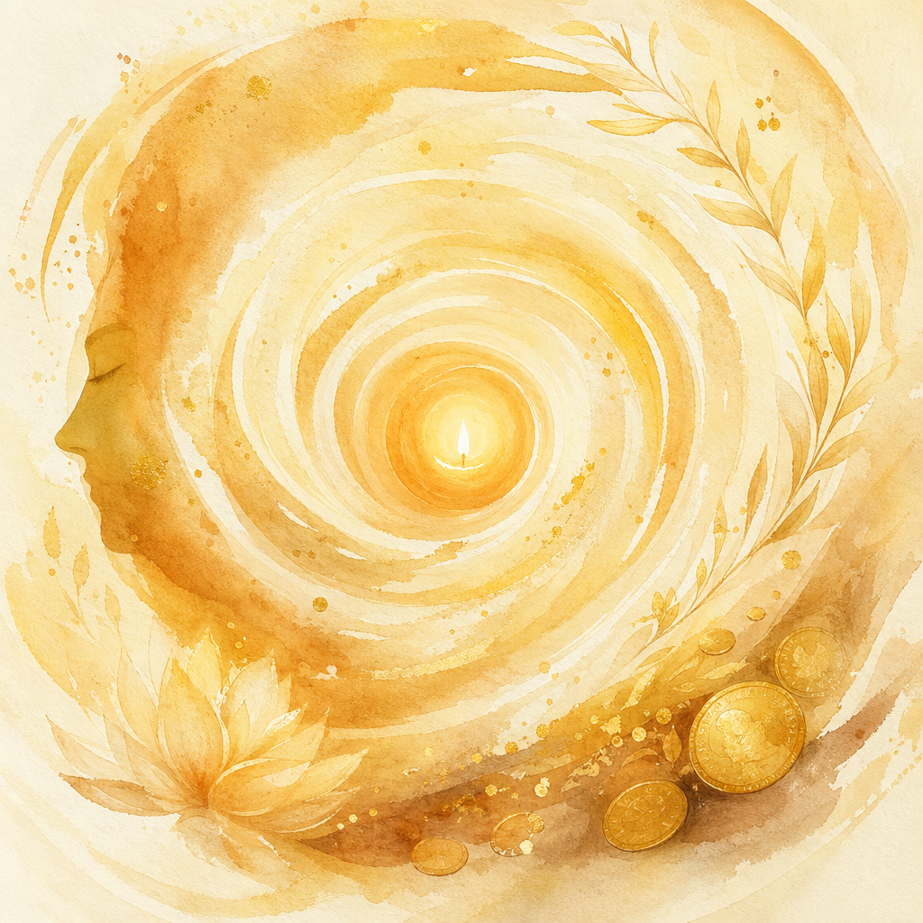 A soft swirling spiral of warm gold and cream washes radiating outward from a central glowing point.