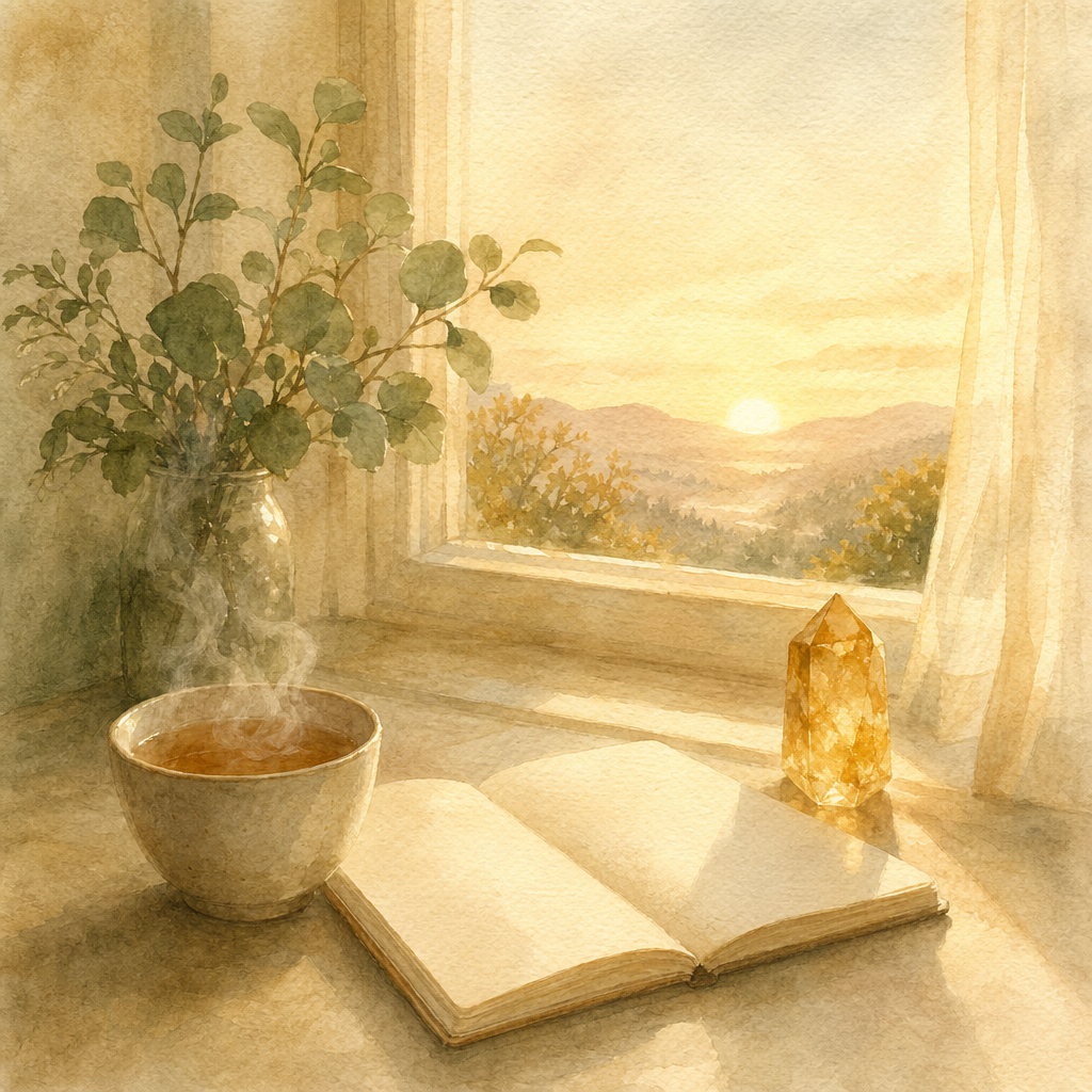 A sunlit windowsill at dawn with a steaming cup, an open journal, and a small citrine catching the early light.