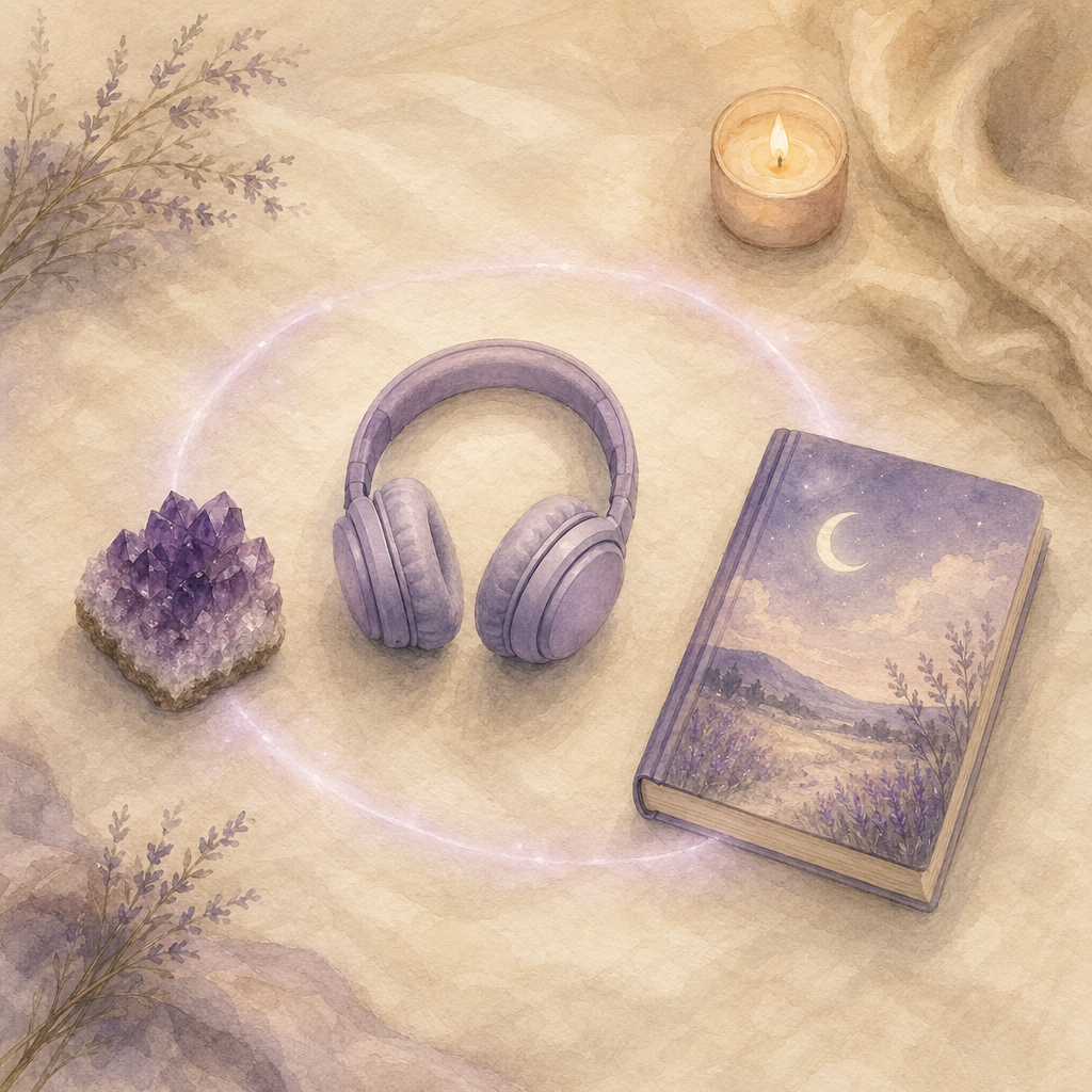 Crystals, headphones, and a closed book linked by a soft glowing loop.