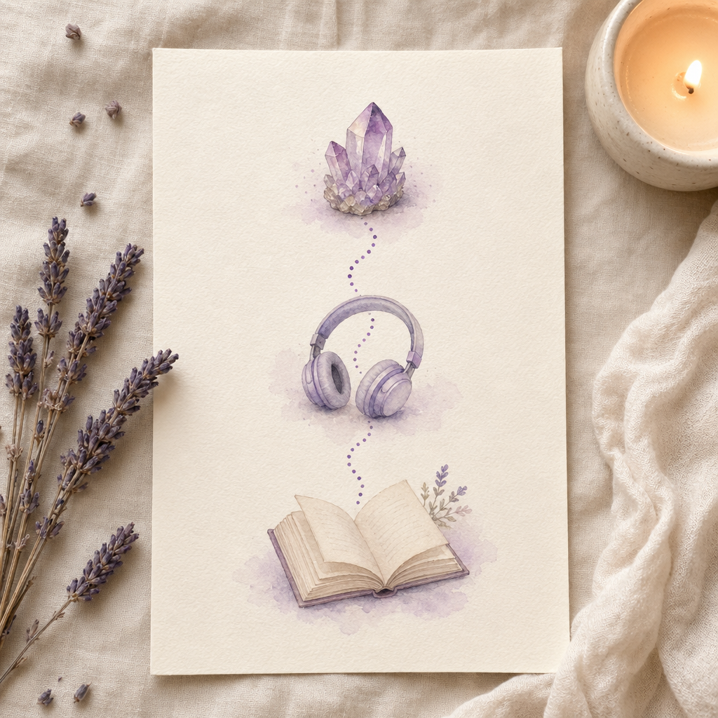 A small worksheet with a crystal, headphones and a book linked by gentle dotted lines.
