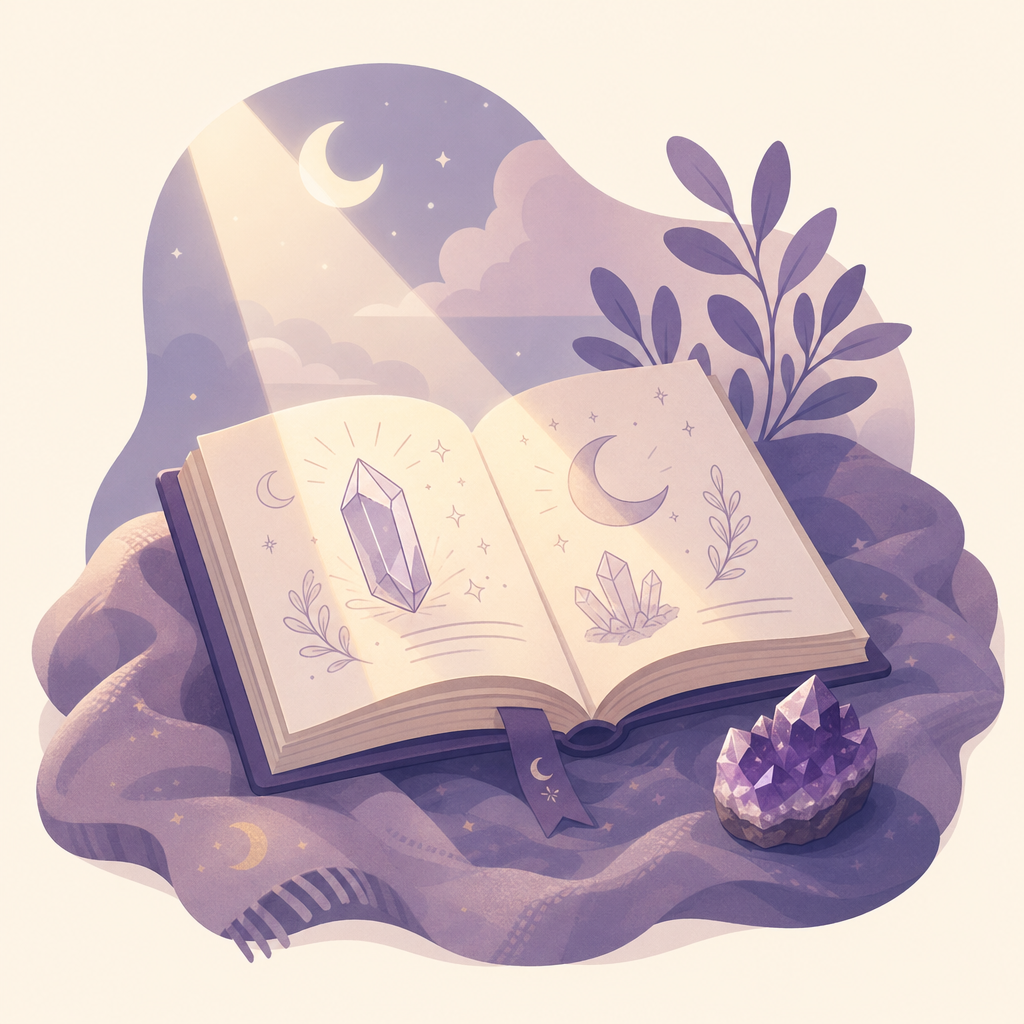 Open illustrated book under moonlight.